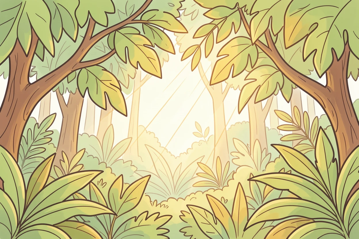 A dense rainforest canopy with shafts of sunlight breaking through the leaves.