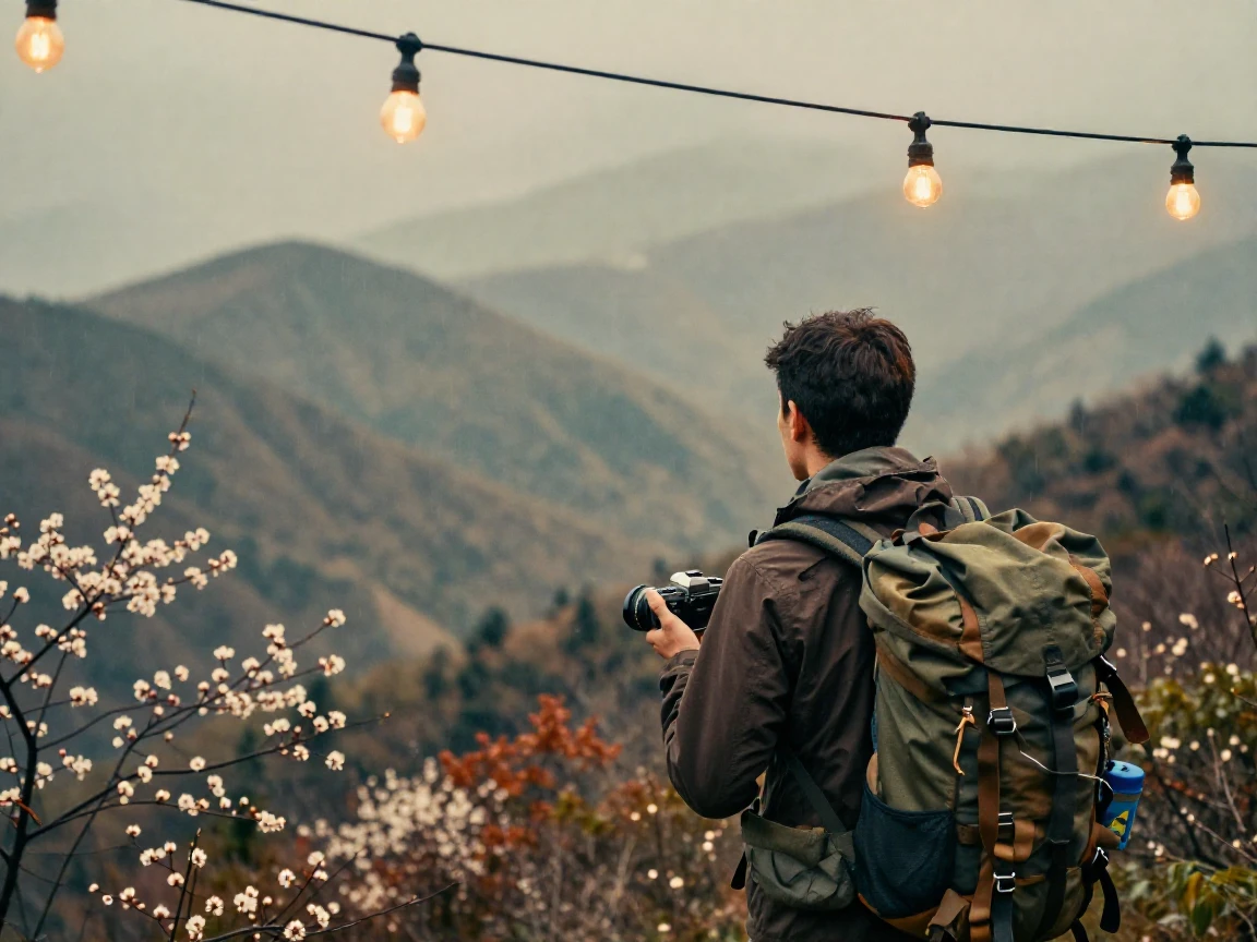 A hiker pausing to take in a sweeping mountain vista, under strings of warm string lights, under a light drizzle, as spring blossoms unfurl, with muted olive and rust colors, from behind, looking toward the horizon.