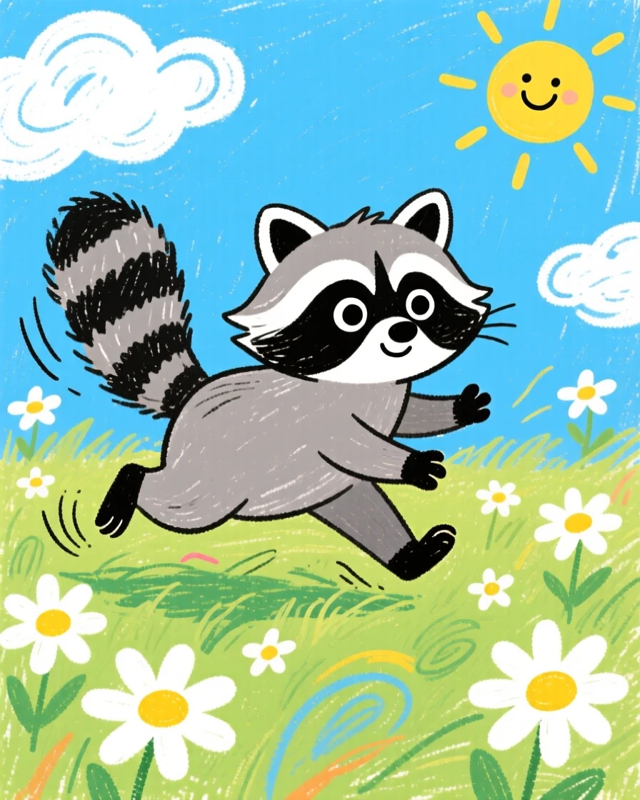 A curious raccoon kit hopping through a meadow of daisies.