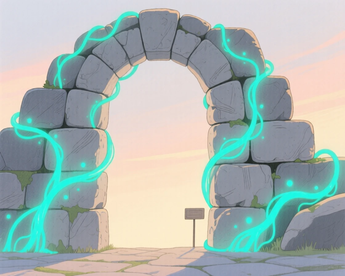 An ancient stone archway covered in glowing vines, bathed in soft magical light.