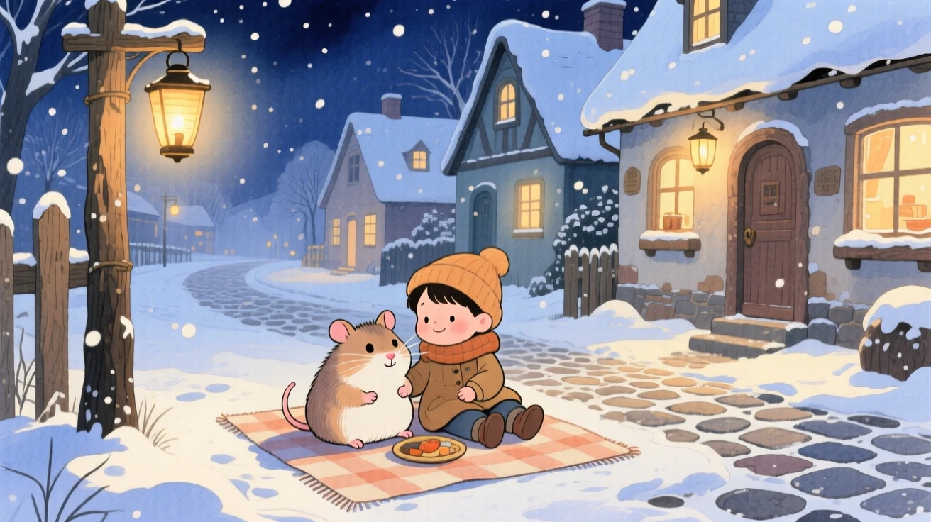 A tiny hamster sharing a picnic blanket with a child, set in a snowy village street lined with warm lantern light, evoking warmth and gentle affection.