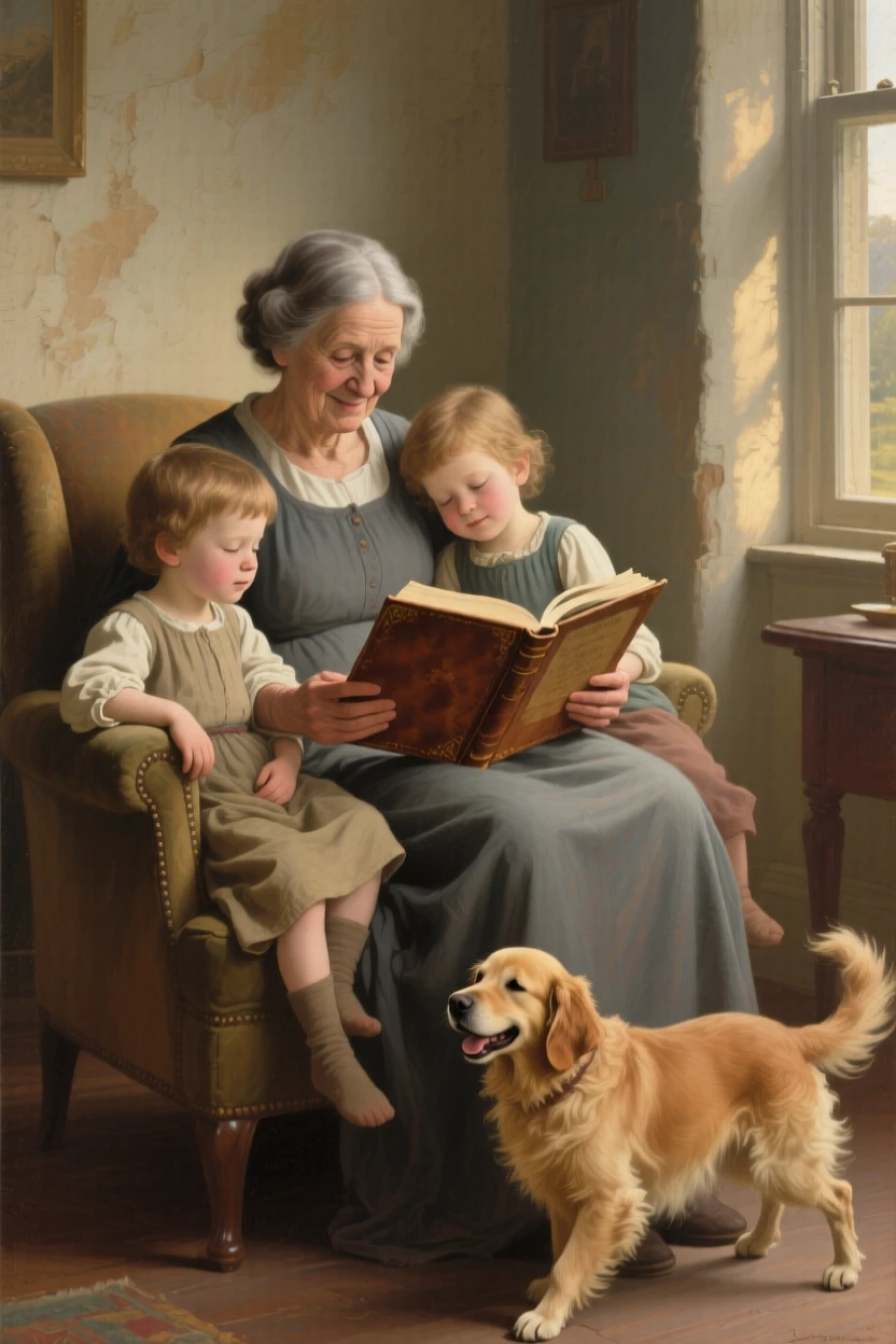 A grandmother reading a bedtime story to two sleepy grandchildren as laughter and love fill an otherwise ordinary afternoon, set within a cozy home lit by late afternoon sun, with a family pet weaving happily between the figures; the composition draws the eye naturally to interlocked hands or shared eye contact, capturing a fleeting moment worth holding onto forever.