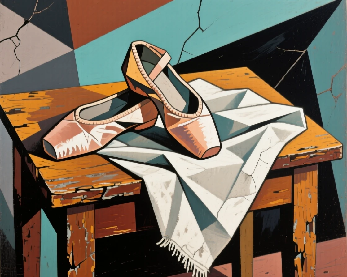 An elegant still life featuring a pair of ballet slippers on a rustic wooden table beside a linen cloth.