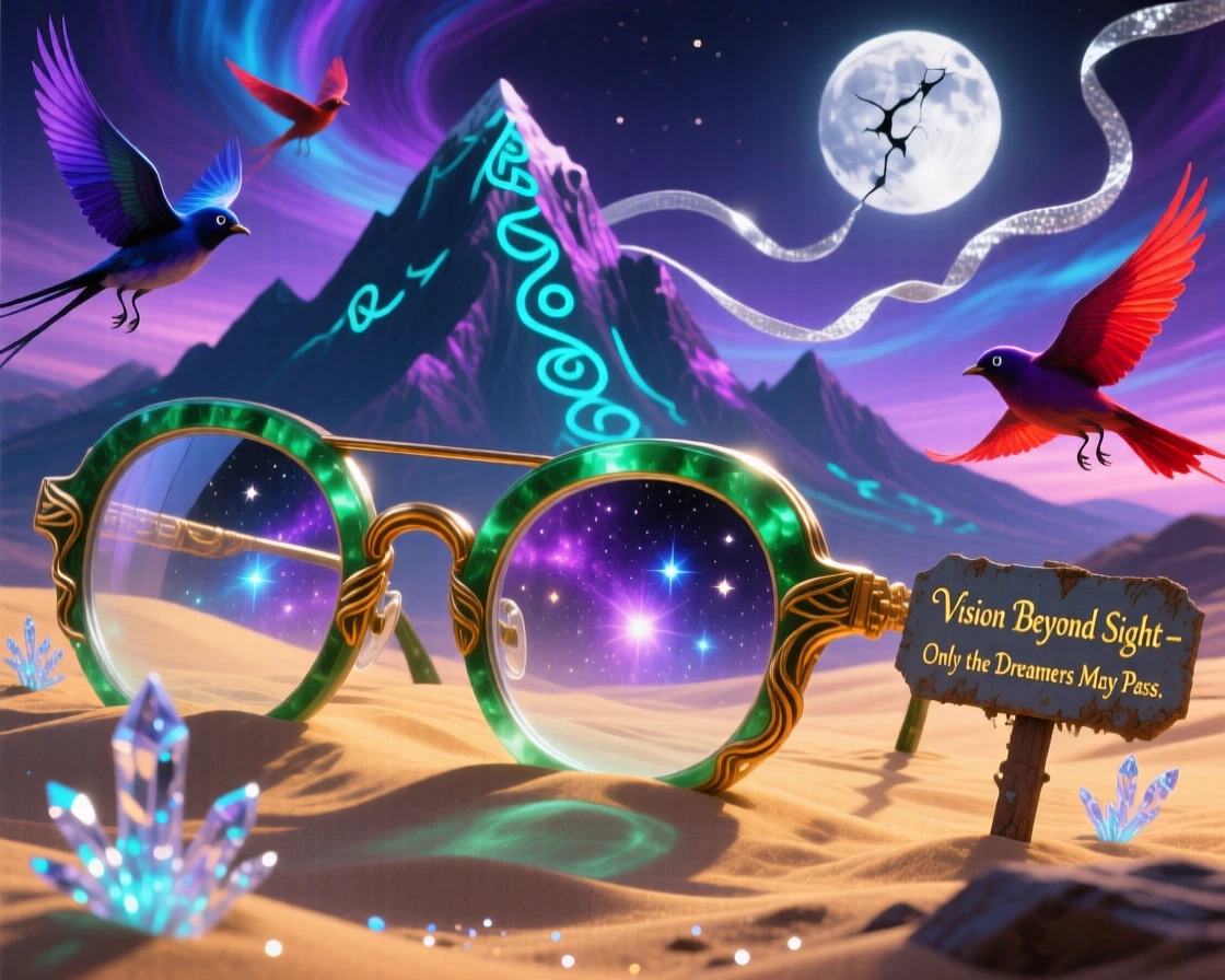 A colossal pair of spectacles framing a distant mountain range rests half-buried in drifting golden sand, as birds circle curiously around its towering form.