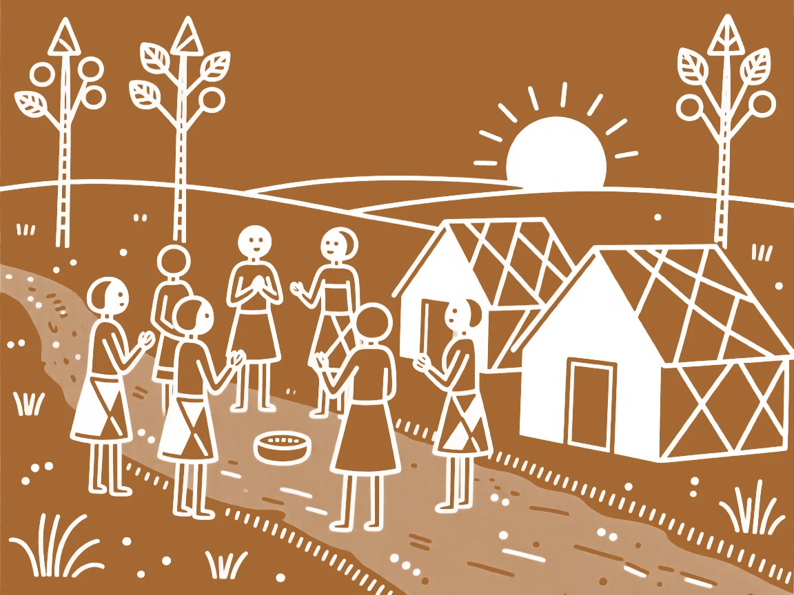 A group of tribal women gathering for an evening meeting along a dirt path lined with huts.