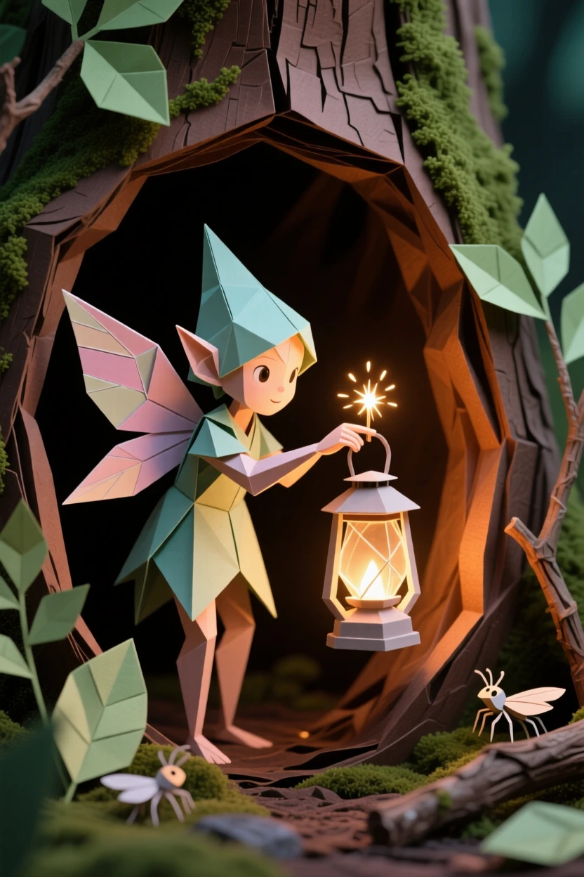 A tiny pixie lighting a lantern with a spark from its fingertip inside a hollow tree stump.