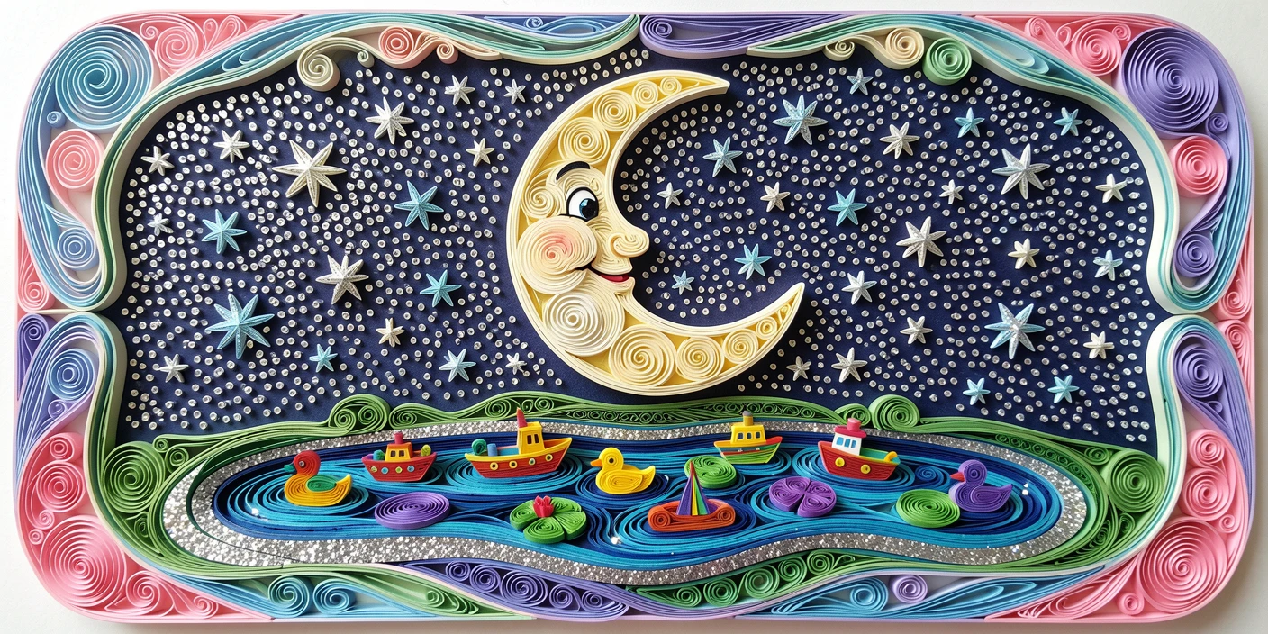 A whimsical children's scene of a starry night sky with a smiling crescent moon beside a sparkling toy pond, in a cheerful rainbow palette, framed with soft rounded borders like a picture book page.