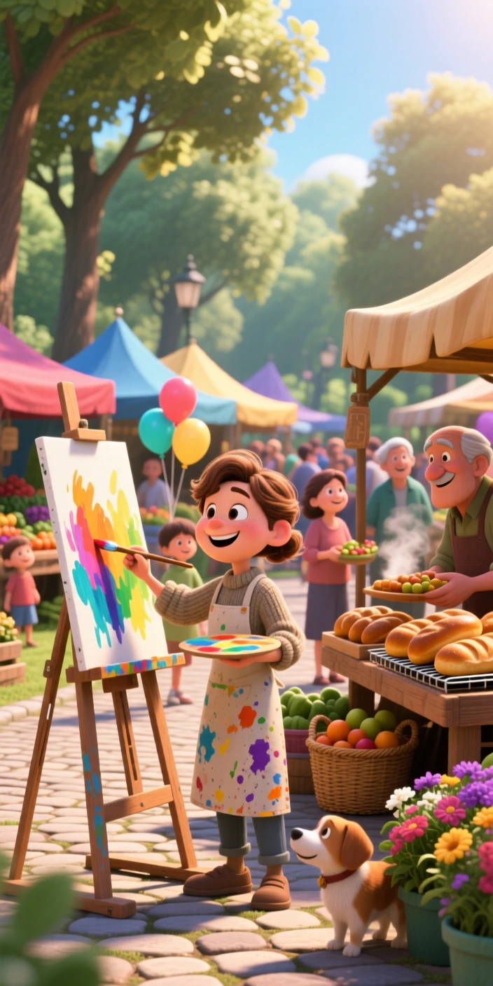 A painter working at an easel in a park is captured at a sunny farmers market bustling with vendors, with fresh bread cooling on a nearby rack. The mood is calm, familiar, and quietly delightful.