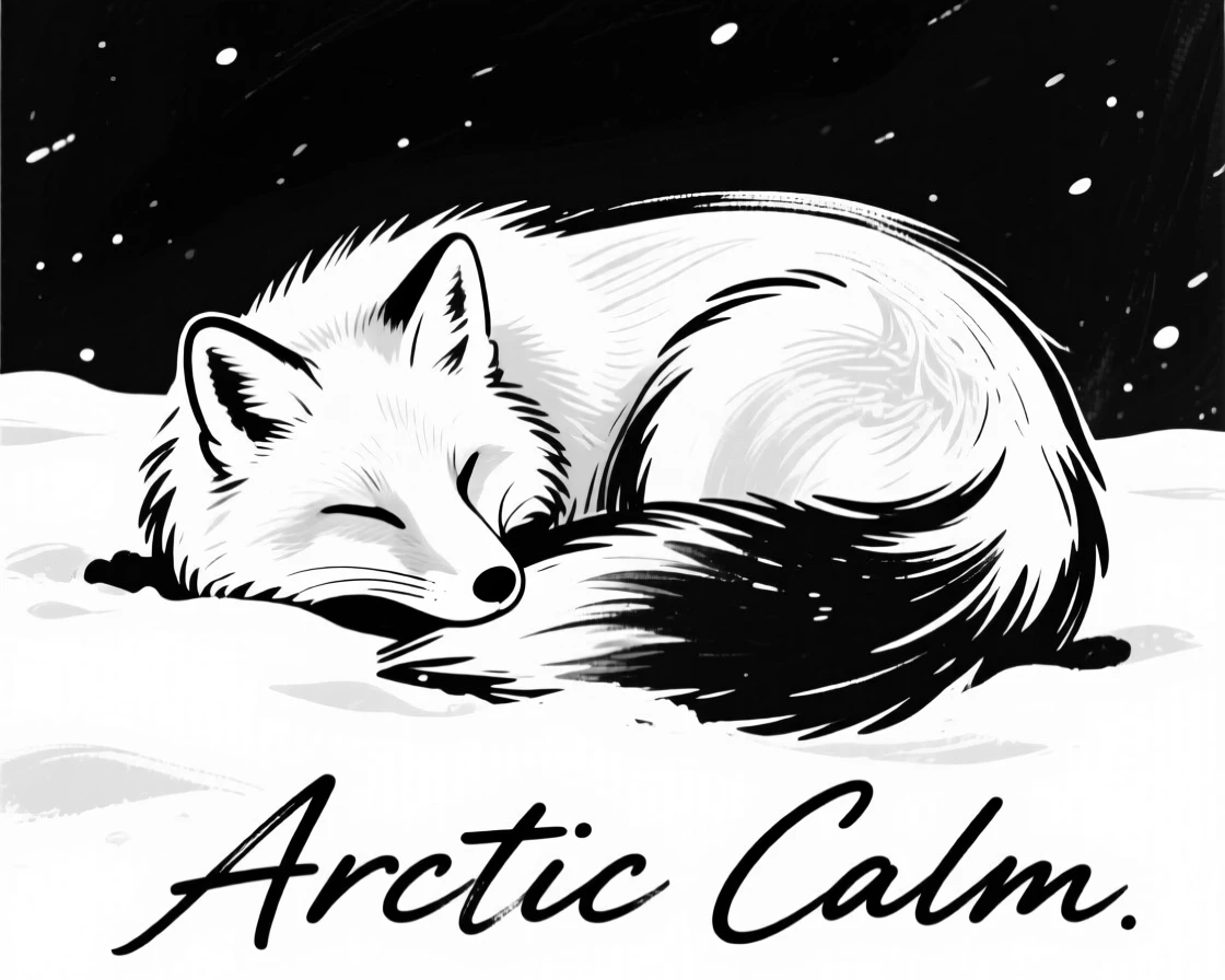 An arctic fox curled up in fresh snow, its white coat blending in.