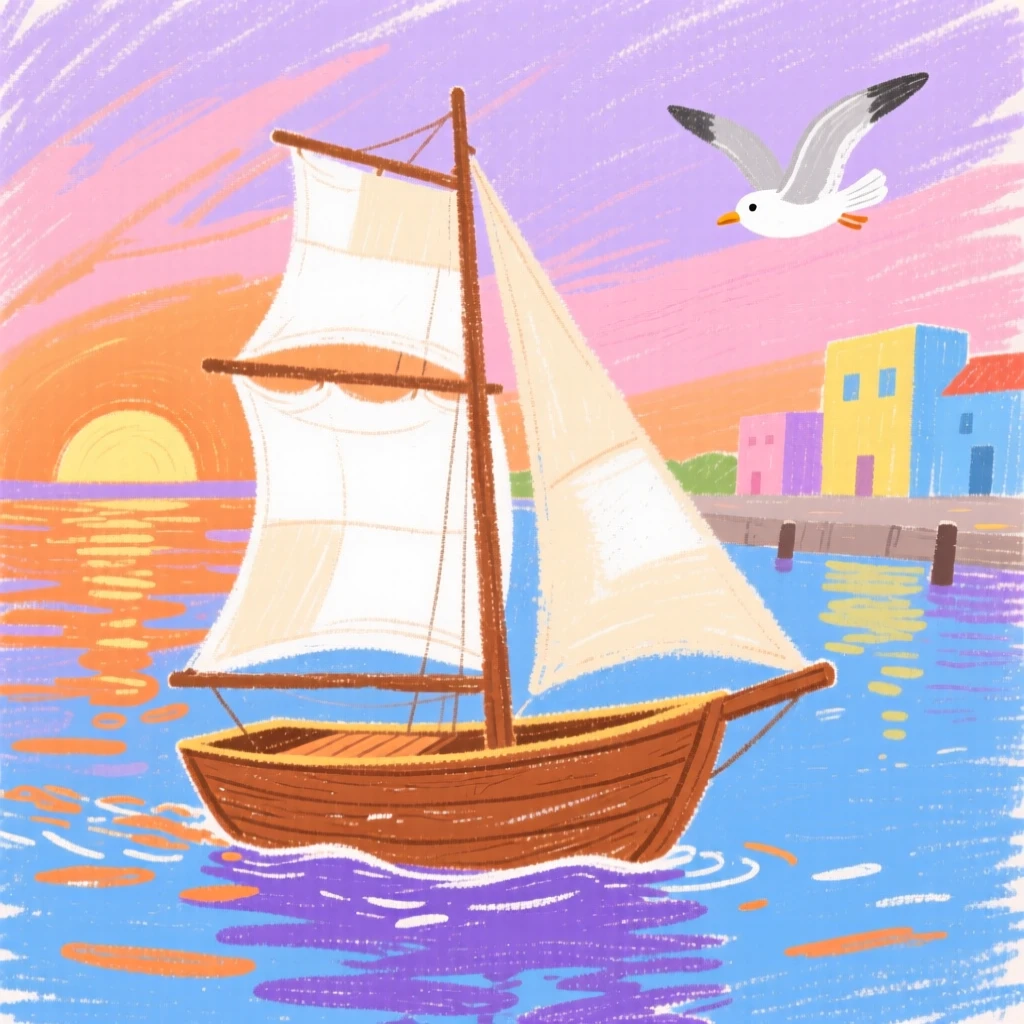 A wooden sailboat gliding across a calm harbor at sunset.