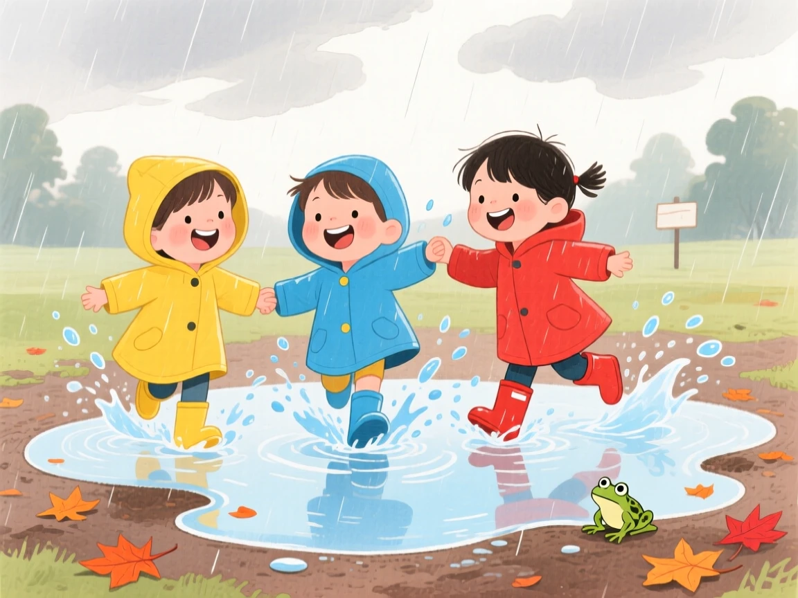 A heartwarming moment showing children splashing in a rain puddle together.