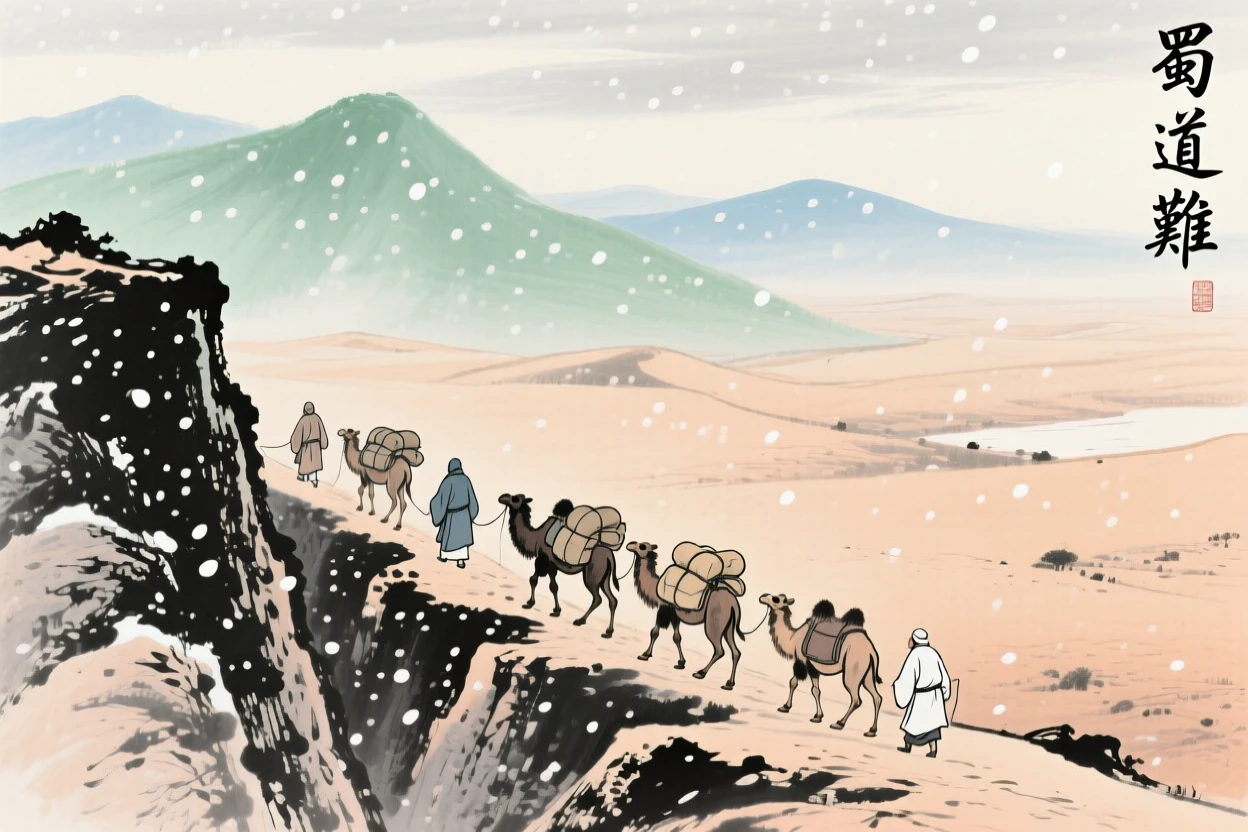 A caravan of traders winding along a mountain pass at the edge of the desert, beneath softly falling snow.