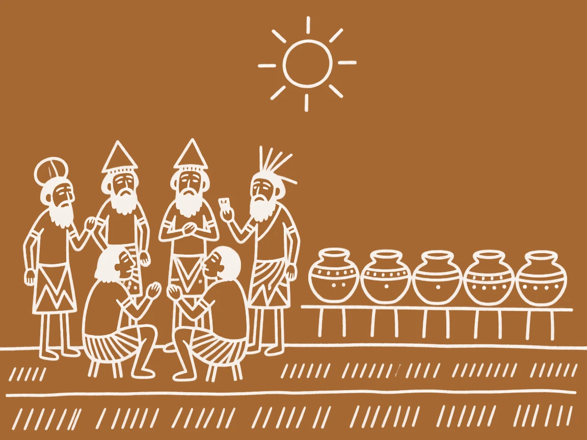 A group of village elders sharing news of the day by a row of clay pots drying in the sun.