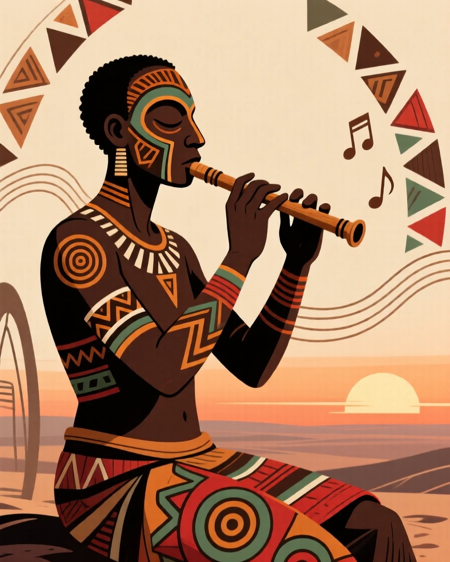 A lone flutist playing softly as the sun sets.