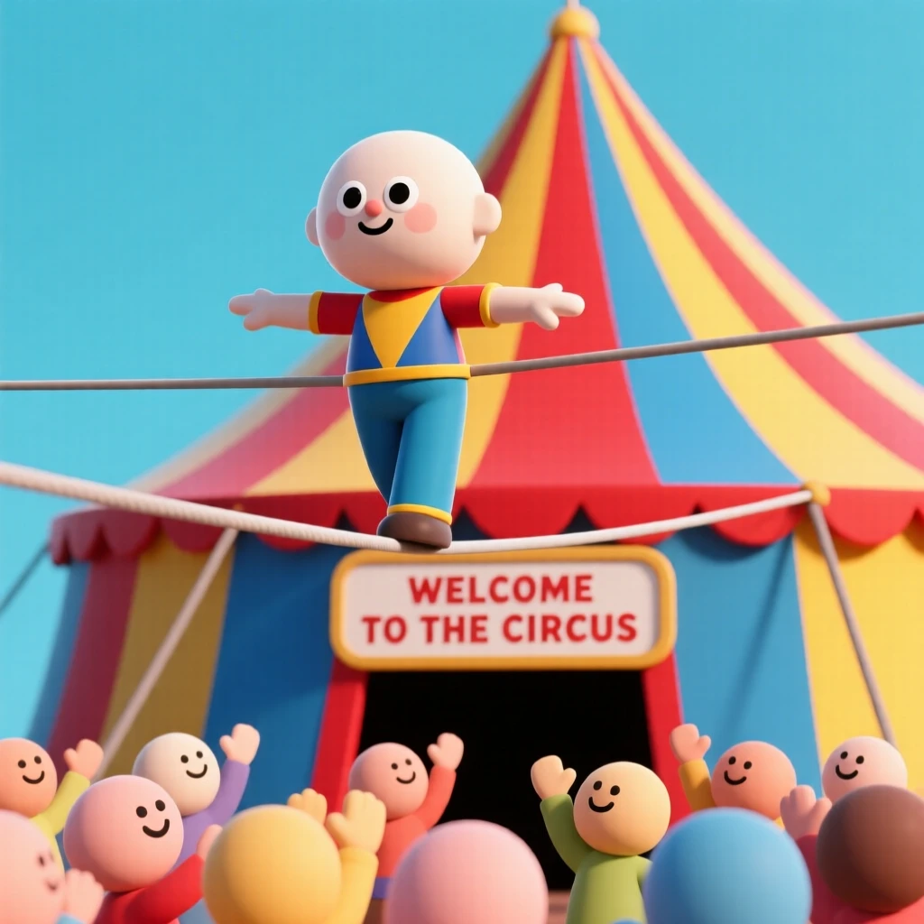 A determined tightrope walker balances high above a cheering circus crowd, arms outstretched beneath a colorful striped tent.