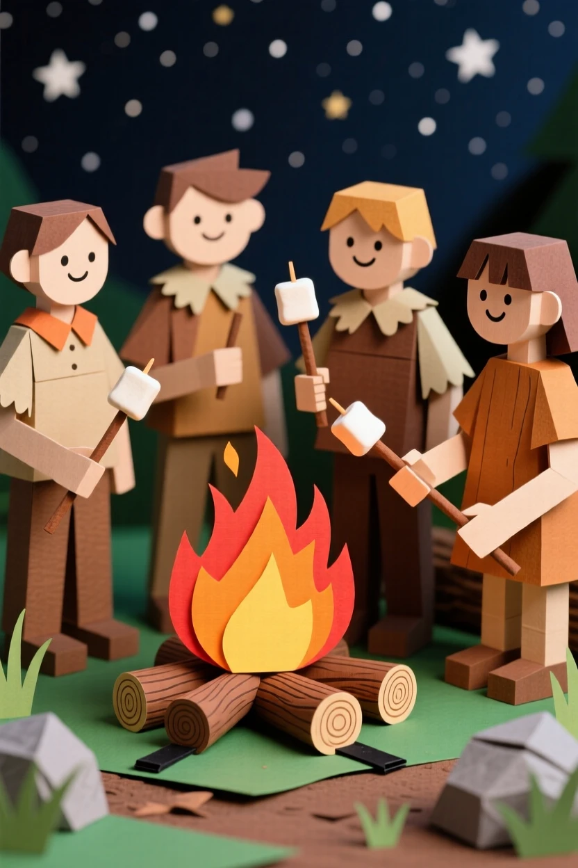 A group of friends gathered around a campfire under a starry sky, marshmallows roasting on sticks, laughter lighting up their faces, capturing warmth and connection in the wilderness.