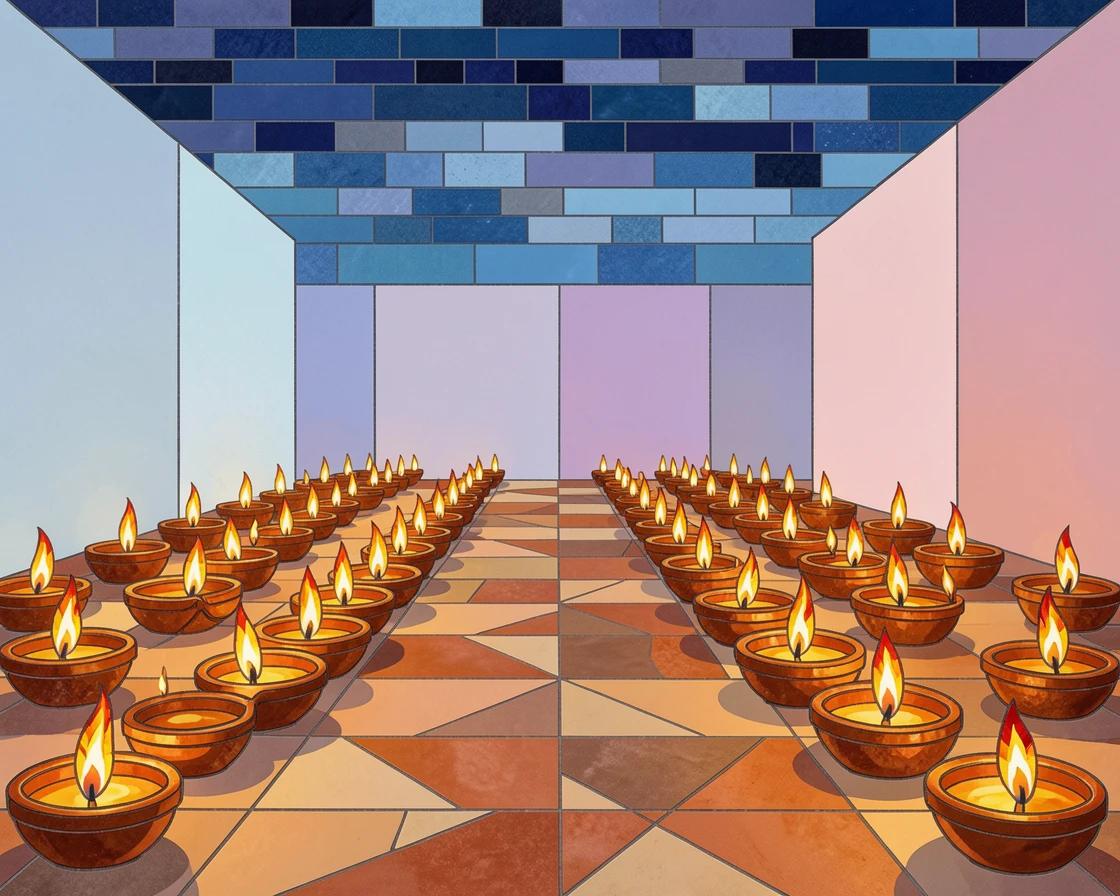 A vibrant Diwali celebration with glowing oil lamps lining a courtyard.
