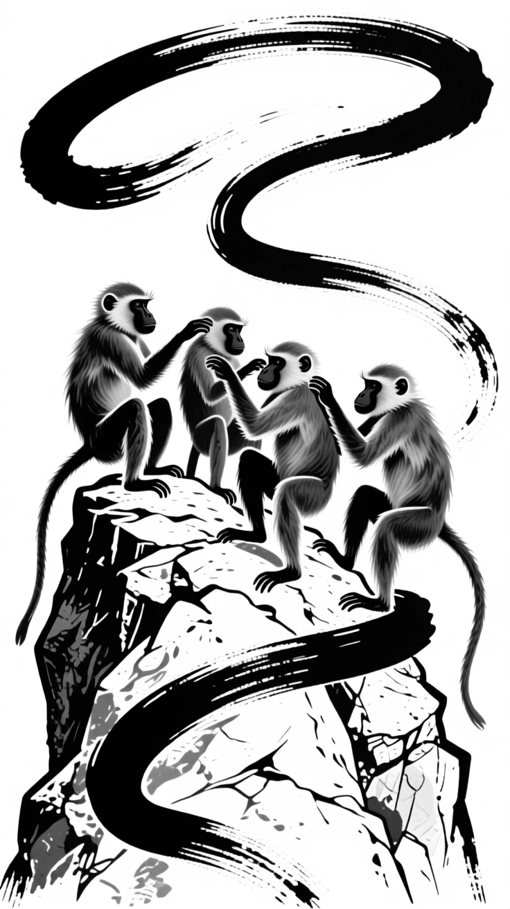 A troop of baboons grooming each other on a rocky outcrop.