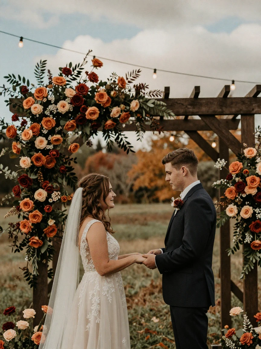 A couple exchanging vows beneath a flower-draped arbor, under strings of warm string lights, under scattered clouds, in the mild days of early autumn, in earthy terracotta and ochre shades, over the shoulder of the main subject.