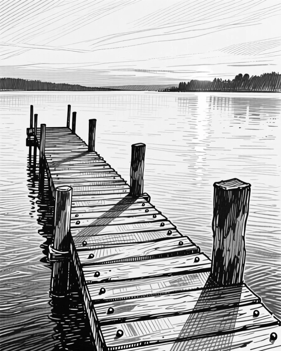 A wooden dock as the last light of day fades over the water, with ripples spreading across still water, evoking a quietly majestic atmosphere in a wide, balanced composition.