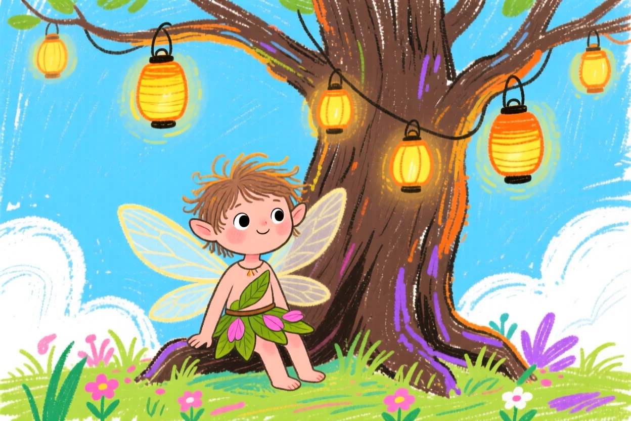 A woodland sprite sitting beneath a tree of glowing lanterns.