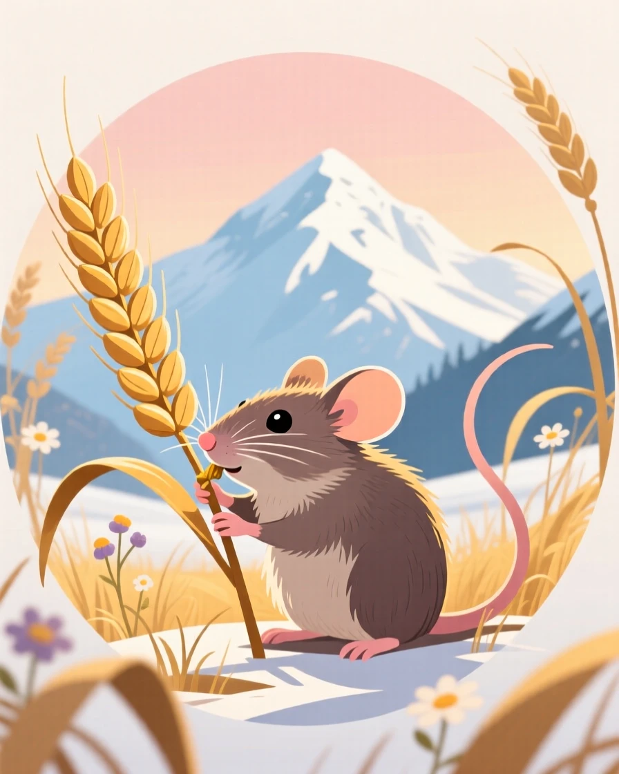 A field mouse nibbling a wheat stalk at golden hour, framed by a snowy mountain landscape under a pale sky, placed within a circular vignette of natural framing, with a sense of playful curiosity captured perfectly.