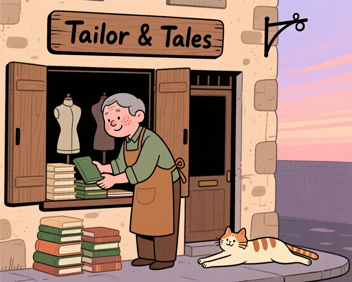 A shopkeeper opens the shutters of a small tailor's shop at dawn, arranging stacks of new books in the window as a cat stretches on the doorstep.