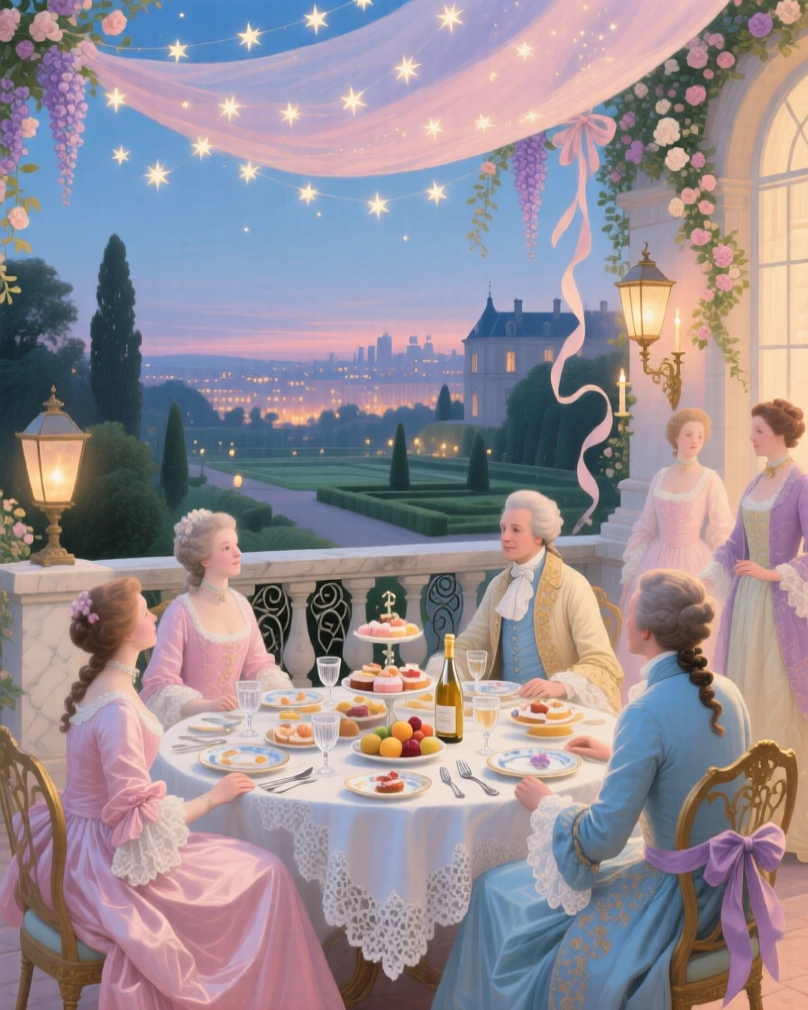 A palace rooftop supper beneath stars, with distant city lights beyond the gardens  