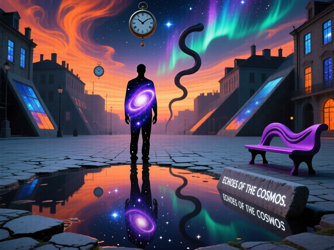 A man whose silhouette is filled with a swirling galaxy stands motionless at the center of a quiet plaza, as the ground beneath them slowly turns to still water.