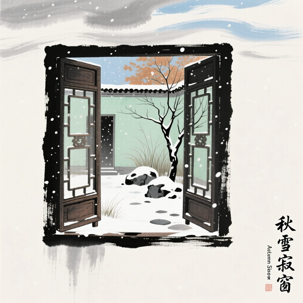 A solitary window open to a courtyard filled with falling snow, radiating gentle serenity, under a sky streaked with clouds, at the turn of autumn.
