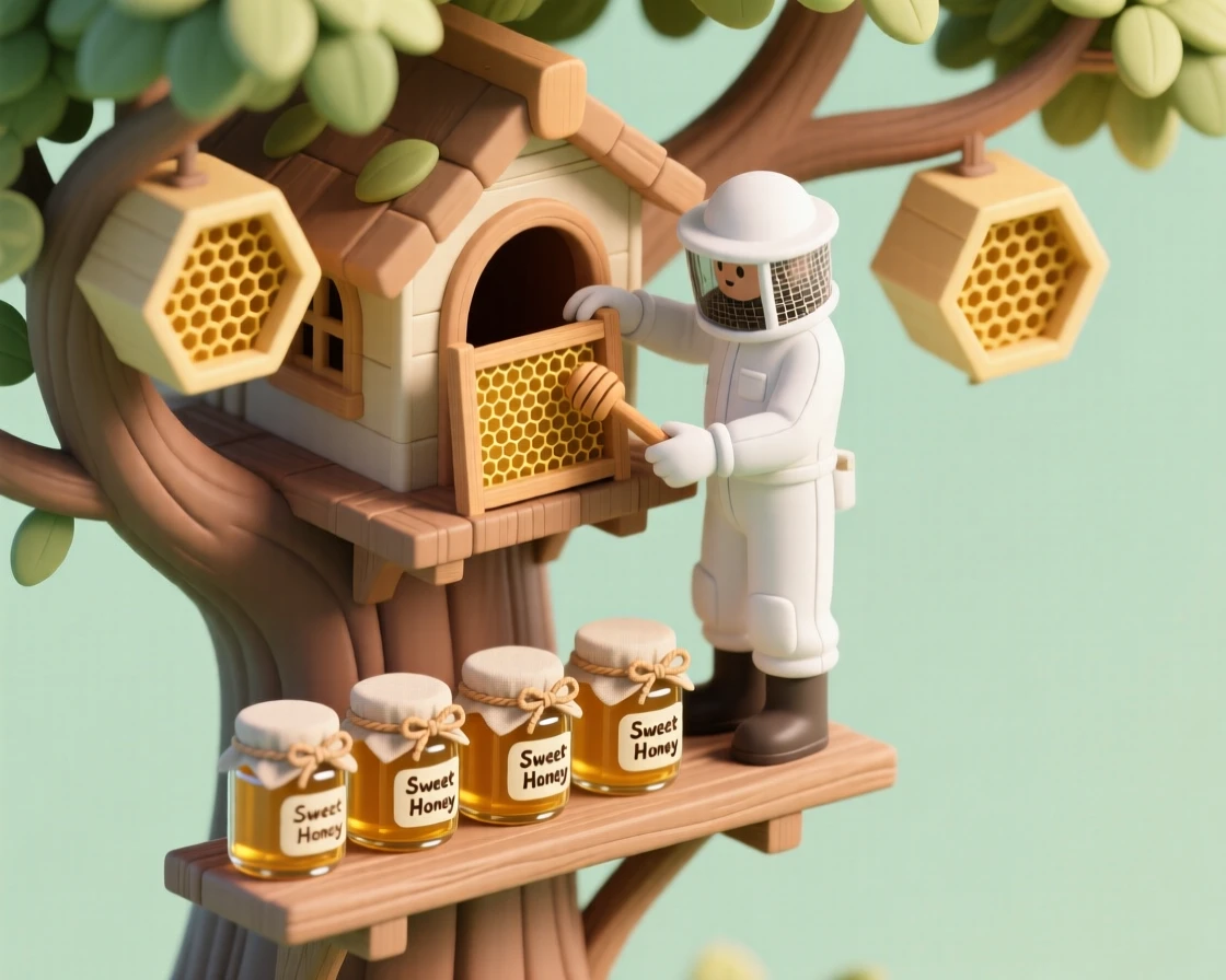 A treehouse honey farm with hexagonal hive boxes built into the branches, a beekeeper in protective gear collecting honeycomb, and jars lined up on a rustic shelf below.