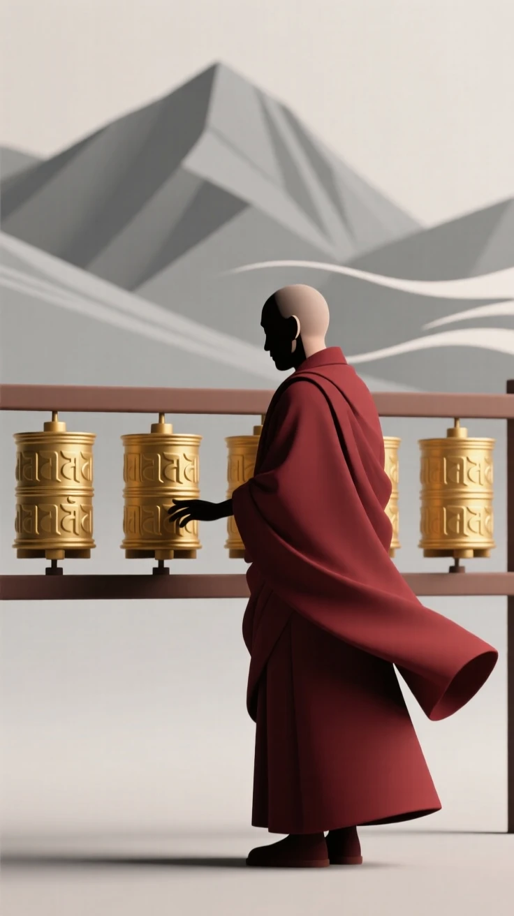 A wise Tibetan monk spins a row of golden prayer wheels, maroon robes fluttering in the mountain breeze.