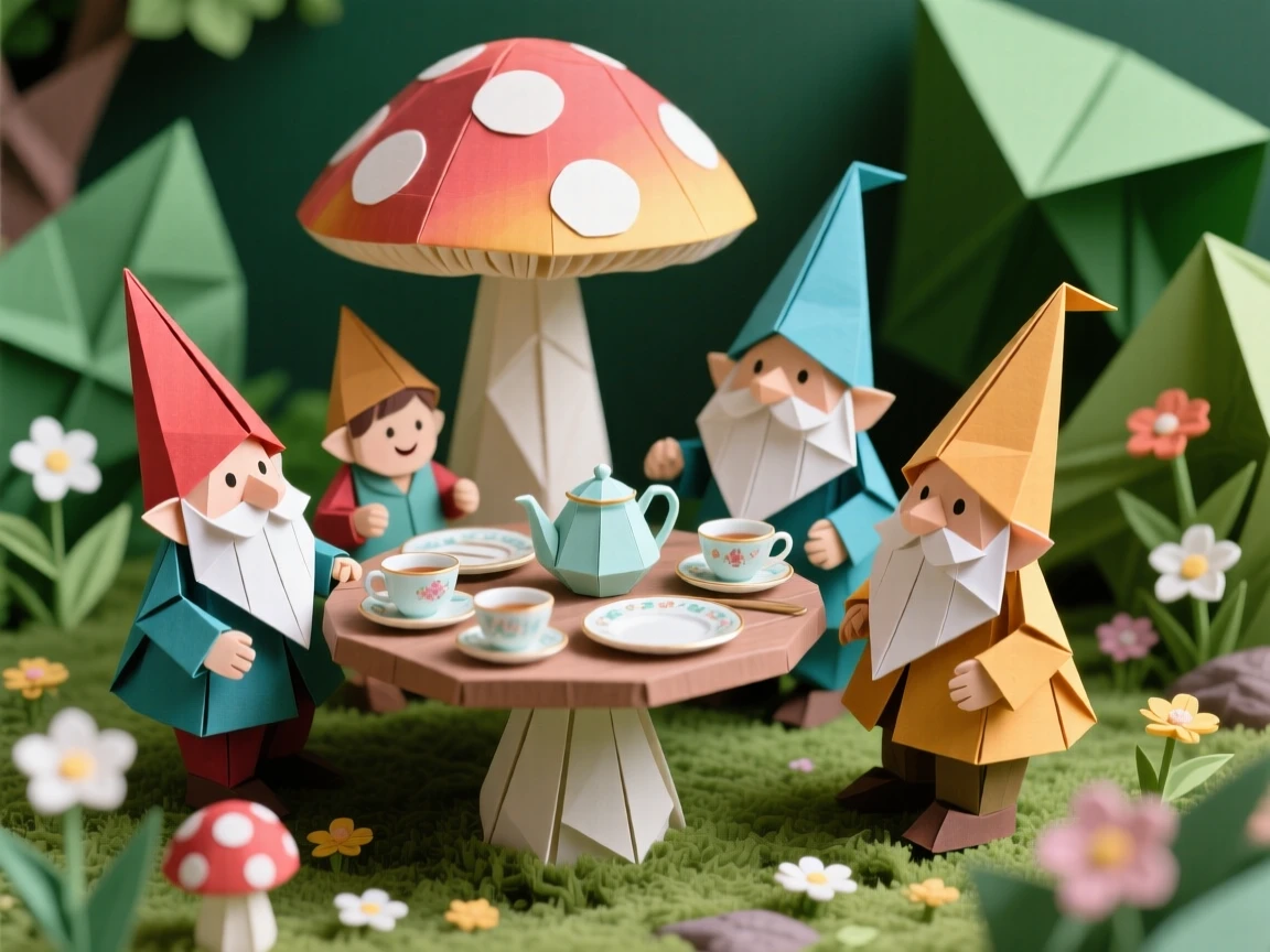 A family of garden gnomes gathered around a tiny mushroom table set for afternoon tea.