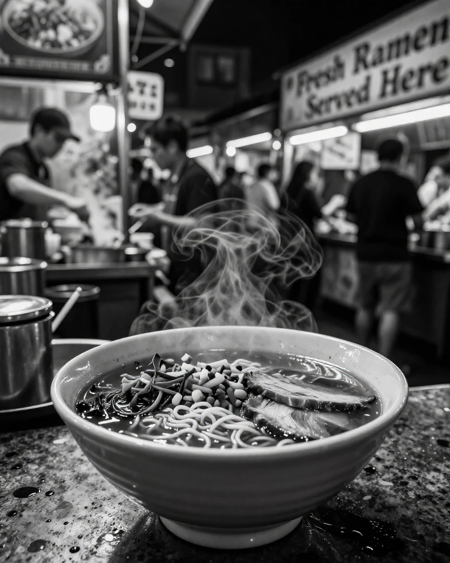 A steaming bowl of ramen sits ready to be served at a bustling street food stall.