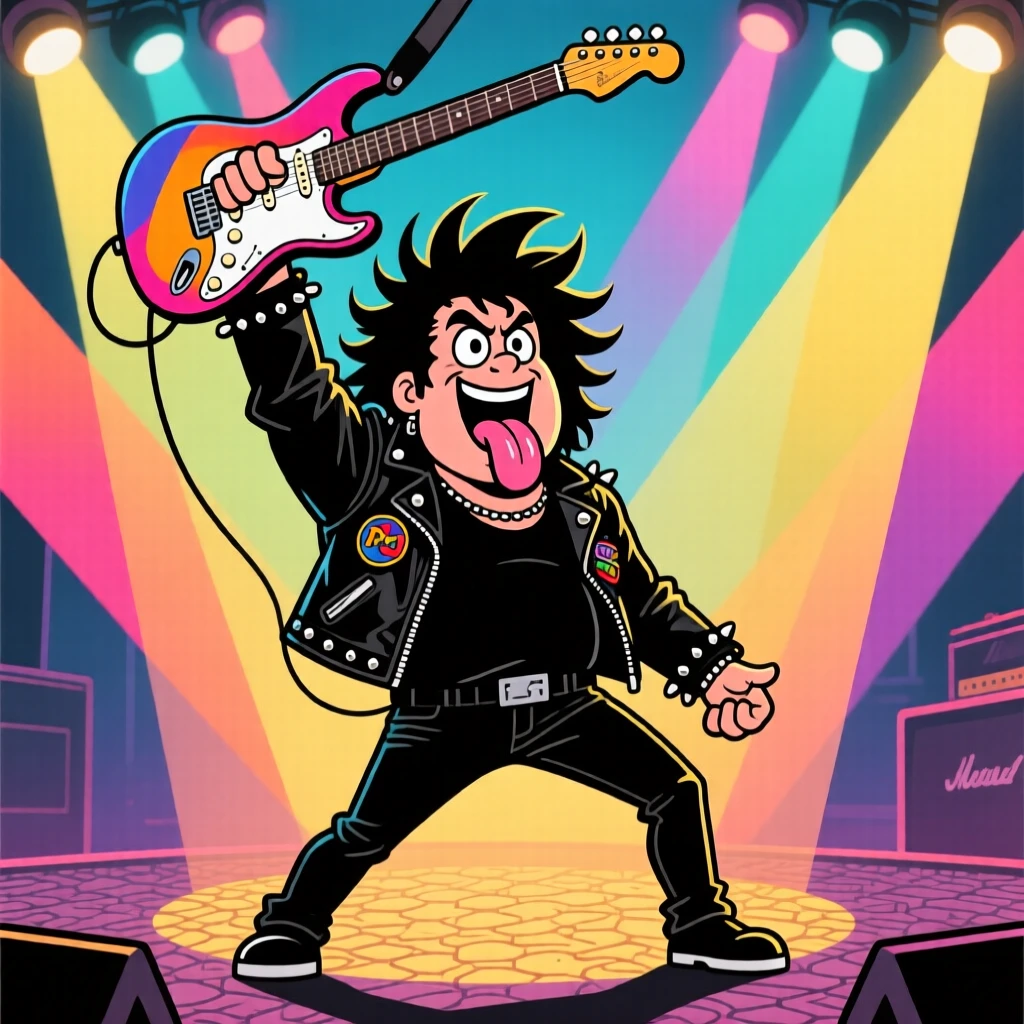 A larger-than-life portrait of a legendary rock icon mid-performance, tongue out, guitar raised high, spiky hair silhouetted against stage lights.