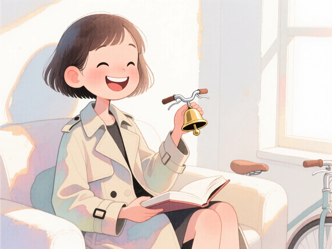 A young woman with a short pixie cut, grinning ear to ear, wearing a classic trench coat and holding a small bicycle bell, in a cozy sunlit reading nook