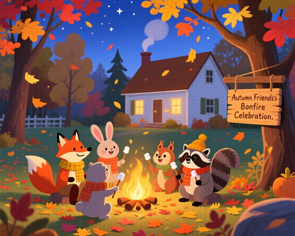 In a family farmhouse, a group of woodland friends celebrate together by gathering around a bonfire on a crisp autumn evening, as colorful leaves swirl through the air.
