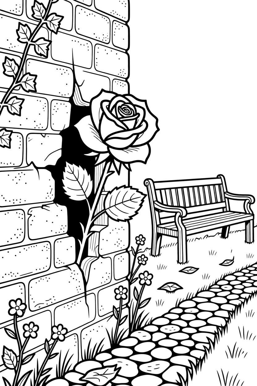 A rose growing through a crack in an old brick wall, with a garden bench softly visible in the background.