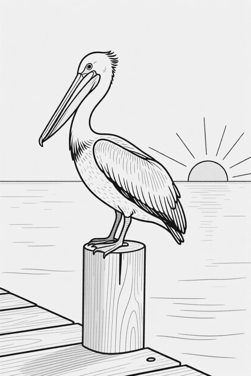 A pelican perched on a wooden dock post at sunset