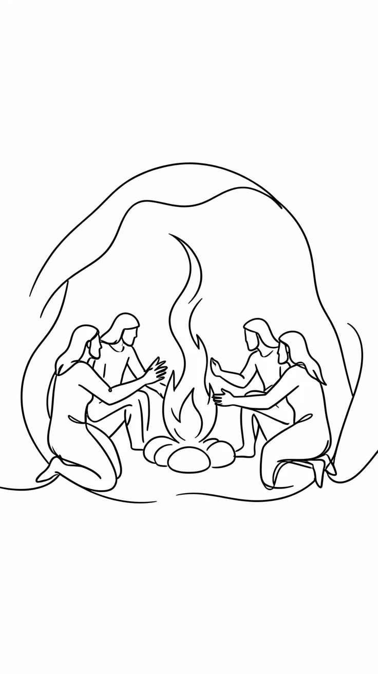 A group of early humans gathered around a fire in a prehistoric cave