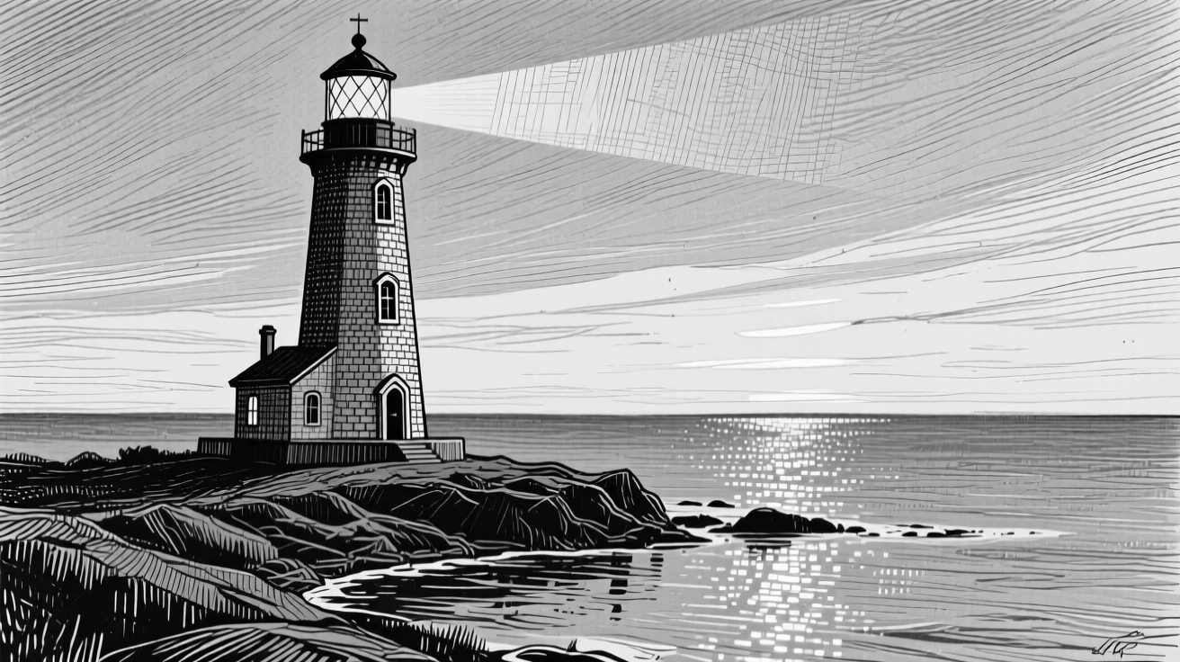 A solitary lighthouse as the last light of day fades over the water, with reflections shimmering on the water's surface, evoking a timeless and grounding atmosphere in a wide, balanced composition.