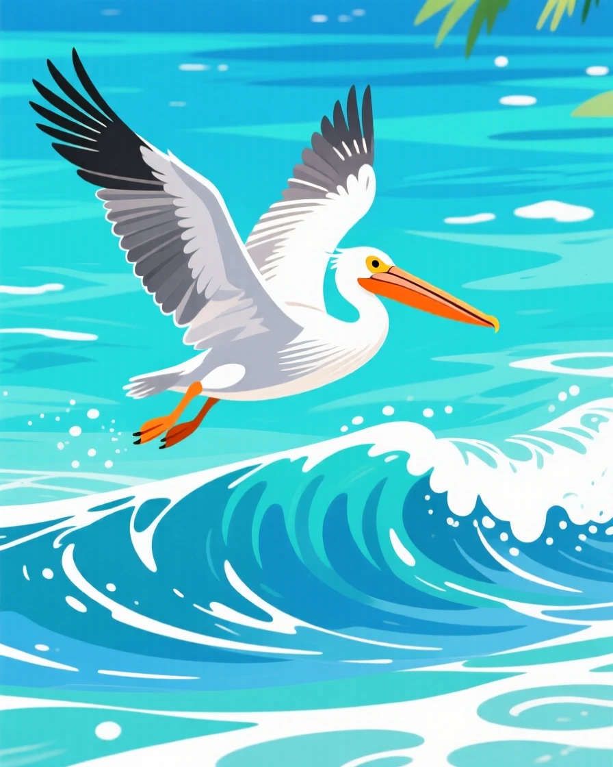 A pelican gliding just above ocean waves, set within a crystal clear tropical lagoon, centered in the frame with gentle negative space around it, with vivid, richly saturated colors that pop.