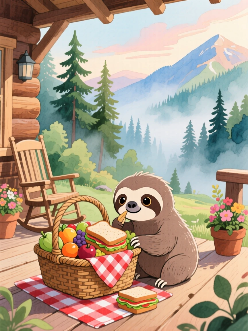 A baby sloth poking its nose into a picnic basket, set in a mountain cabin porch overlooking misty pines, full of playful curiosity.