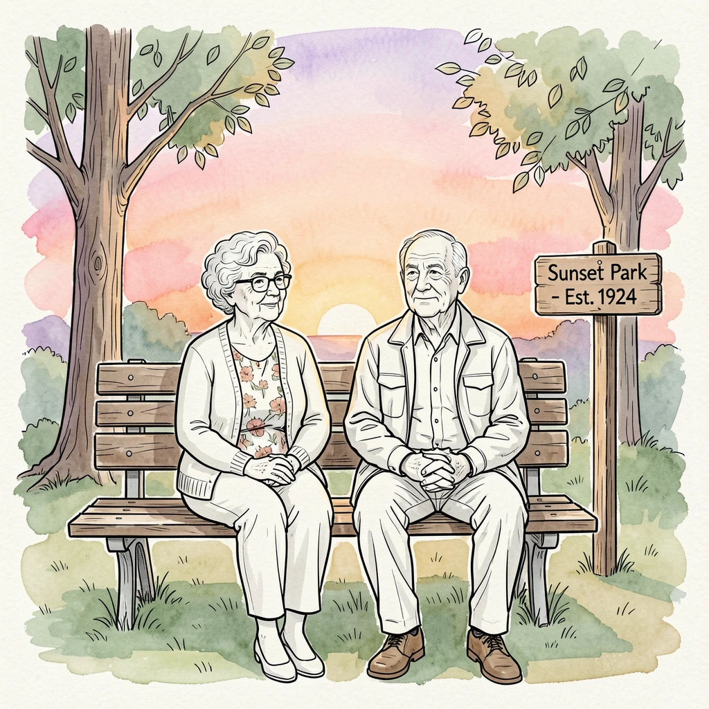 An elderly couple sitting on a park bench holding hands, watching the sunset together in comfortable silence
