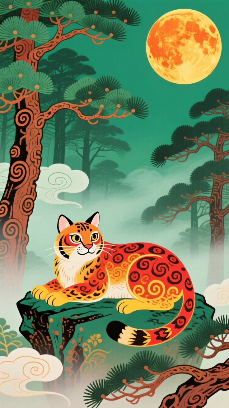 A mountain lynx resting in a misty pine forest, under a full harvest moon.