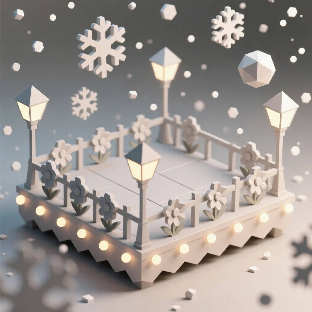 A festive parade float decorated with colorful flowers, as snow gently falls. warm glowing lights create a festive ambiance. The atmosphere radiates warmth and cheer.