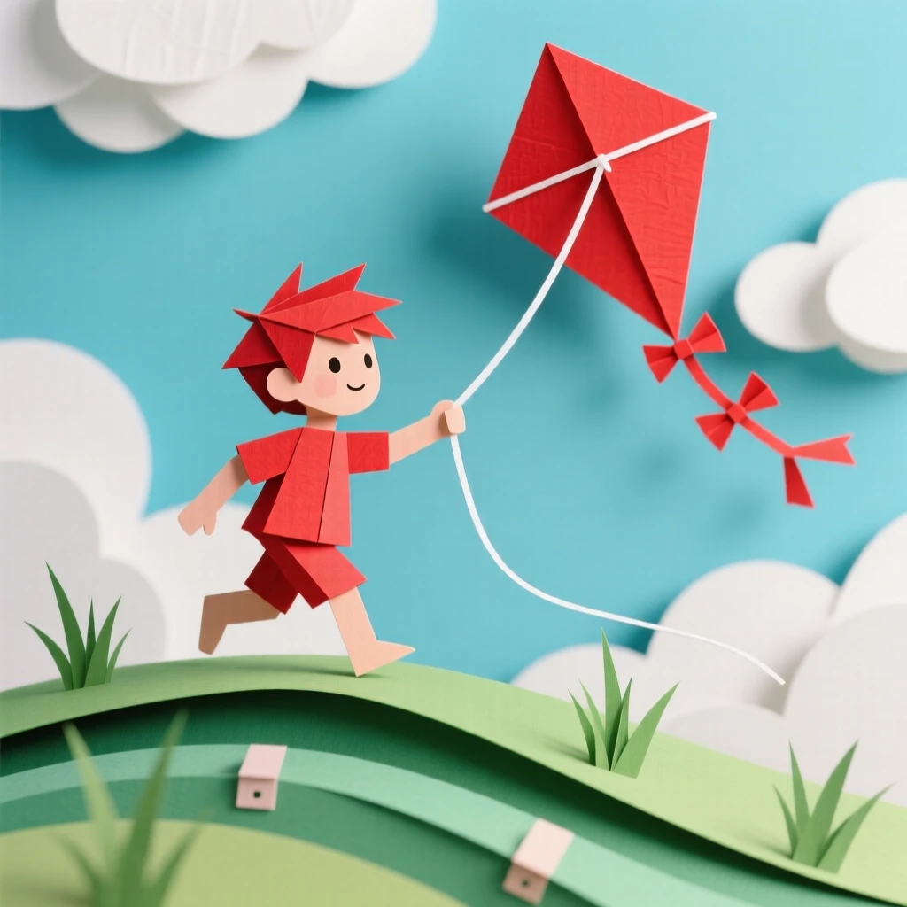 A young boy flying a bright red kite on a windy hilltop, clouds racing across the sky behind him, capturing carefree joy and imagination.