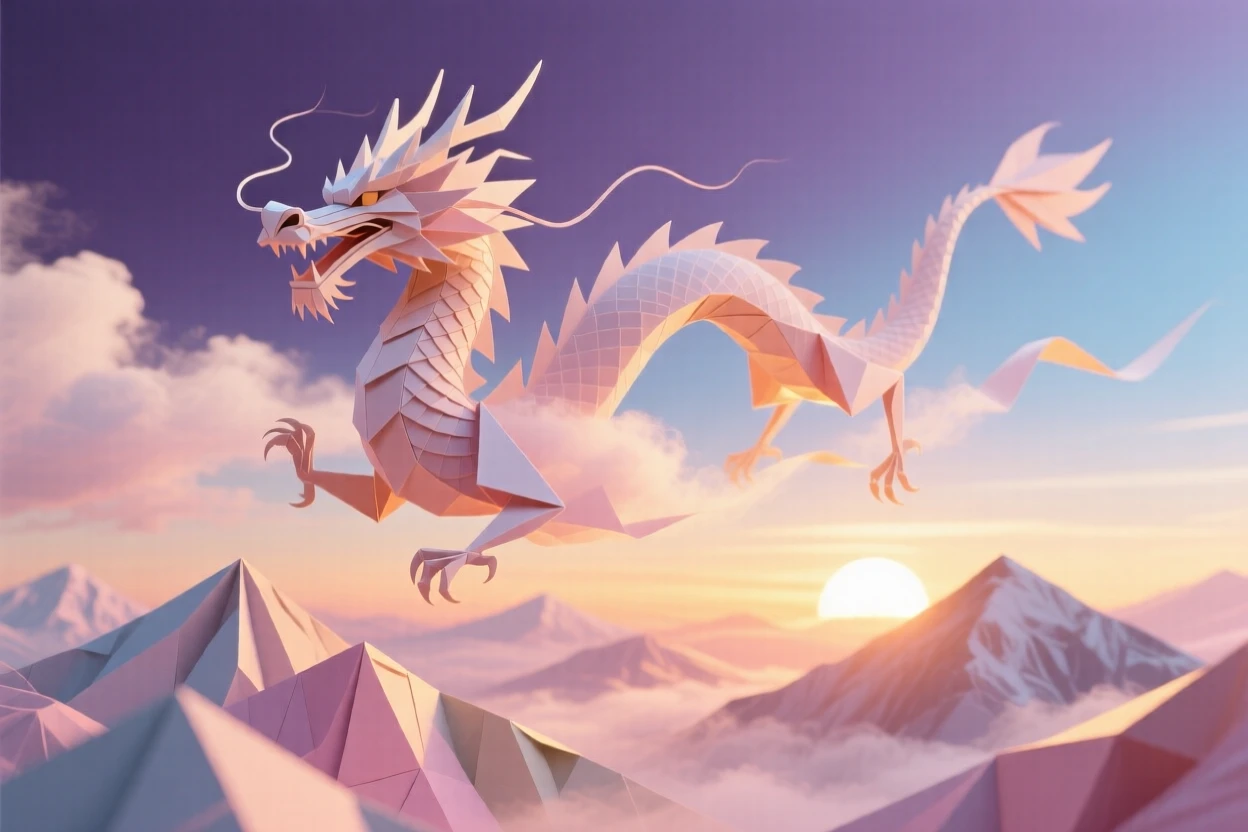 A cloud dragon soaring gracefully above a mountain range at sunrise, wisps trailing from its body.