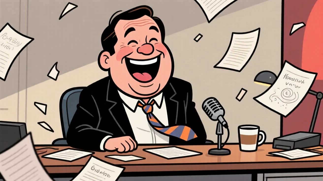 A larger-than-life portrait of a beloved late-night talk show host laughing behind his desk, tie loosened and papers scattered.
