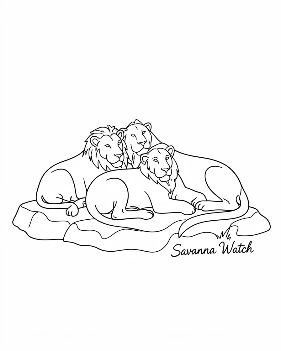A pride of lions resting together on a rocky outcrop overlooking the savanna at dusk